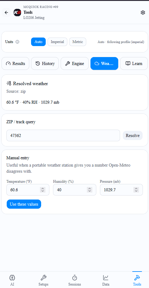LO206 jetting weather from a ZIP or typed in by hand