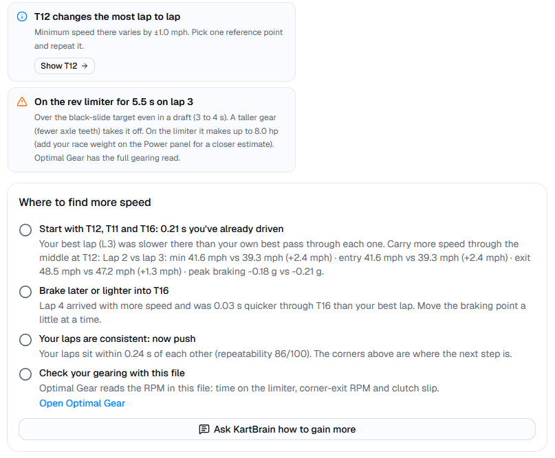Where to find more speed: T12 changes the most lap to lap, lap 3 was on the rev limiter for 5.5 seconds, and the next time is 0.21 seconds already driven in T12, T11, and T16. It also says to brake later or lighter into T16 and to check gearing.