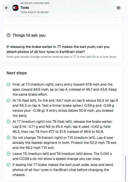 Coach next steps after a data export: carry more entry and apex speed at T3, test a firmer brake spike at T4, release the brake earlier from T7 into T8, and leave T5, T6, T9, and T10 alone.