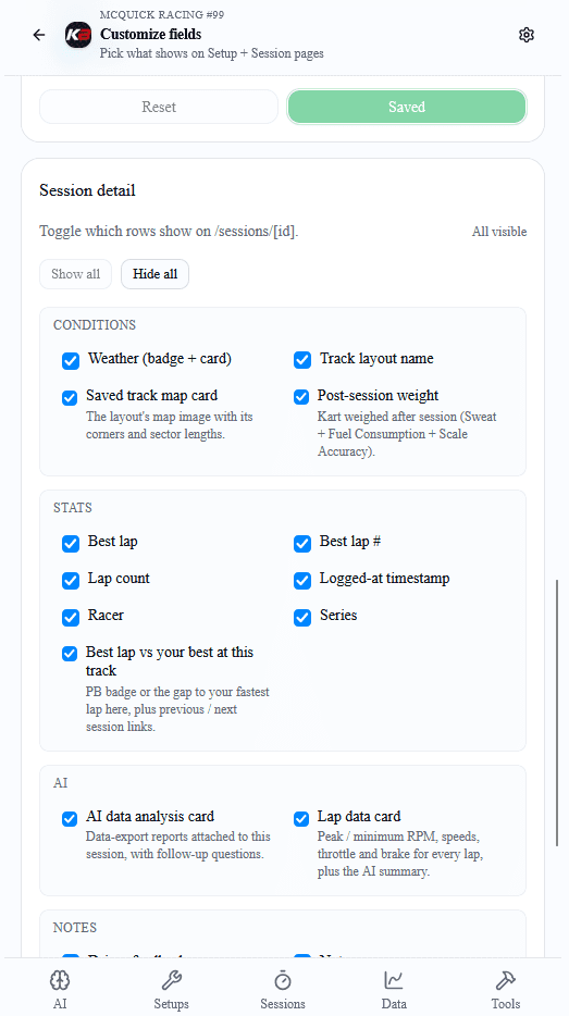 Session page customization with weather, the saved track map, layout name, post-session weight, best lap, lap count, and the lap-data card switched on.