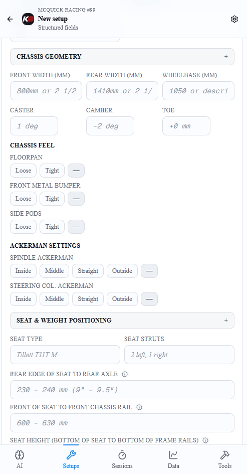 Chassis geometry on a setup sheet: front width, rear width, wheelbase, caster, camber, and toe, then chassis feel and Ackerman. The boxes show example placeholders such as 800 mm front, 1410 mm rear, 1 degree of caster, and minus 2 degrees of camber.
