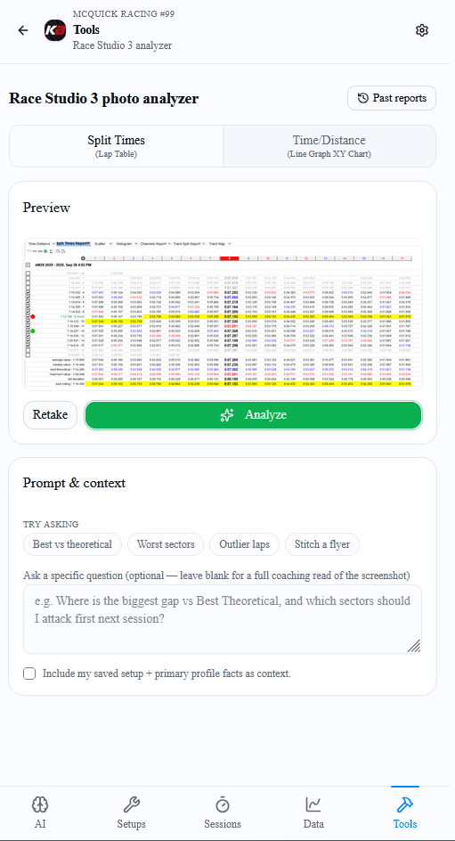 Race Studio 3 analyzer on the Split Times tab, with a MyChron lap table in the preview and Analyze ready. Chips offer best versus theoretical, worst sectors, outlier laps, and stitch a flyer.