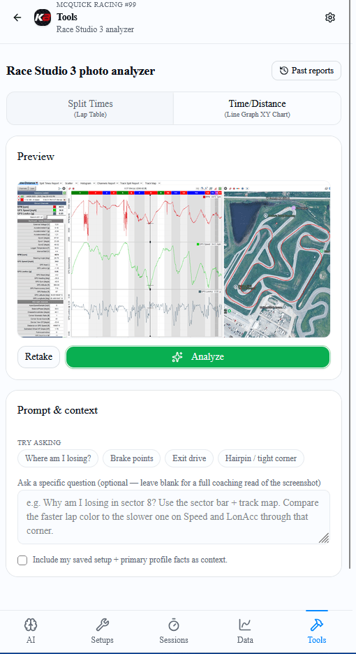 Race Studio 3 analyzer on the Time/Distance tab, with line graphs and a track map in the preview. Chips offer where time is lost, brake points, exit drive, and a hairpin.