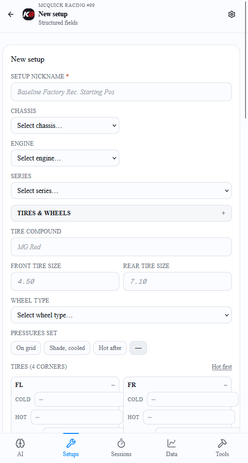 New setup sheet with chassis, engine, series, and four-corner tire pressures