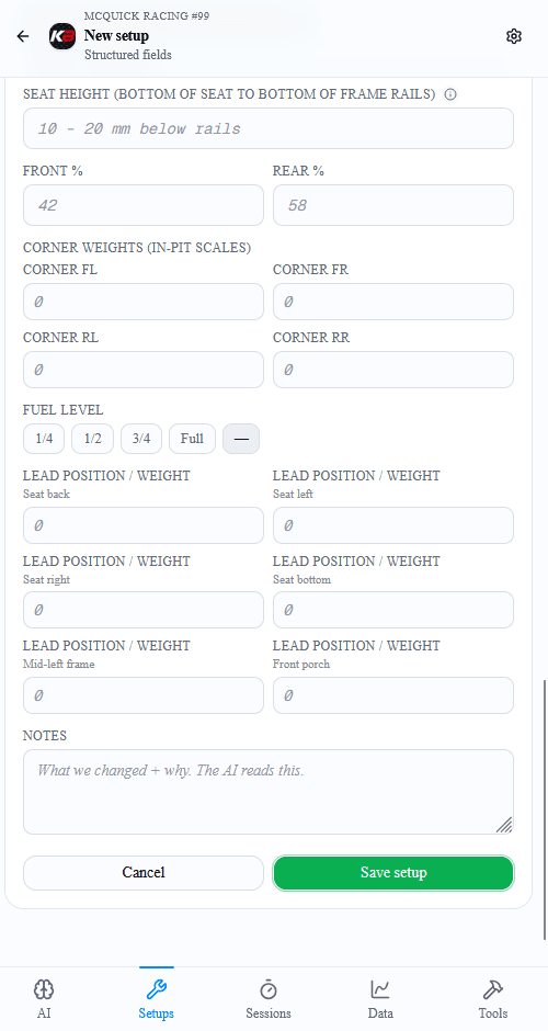 Seat, corner weights, fuel level, and lead placement
