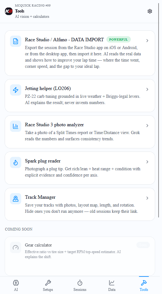 Tools list: data import, LO206 jetting, photo analyzer, spark plug reader, and track manager